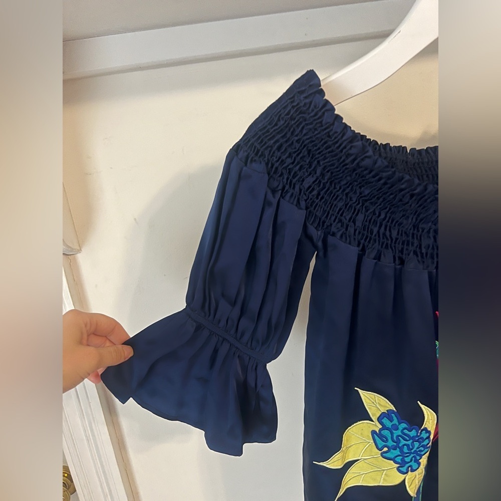 Voom by Joy Han Navy Blouse with Colorful Floral Design - Picture 2 of 7